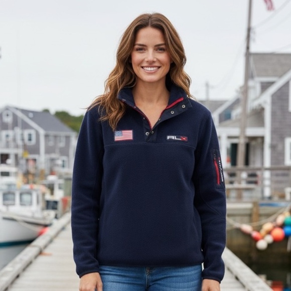 Ralph Lauren Women's Navy and Red Pullover with Flag Detail